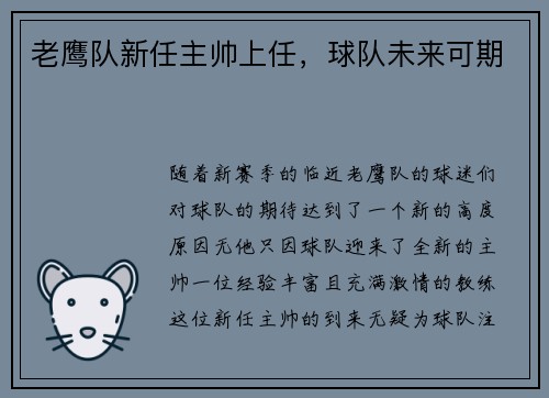 老鹰队新任主帅上任，球队未来可期